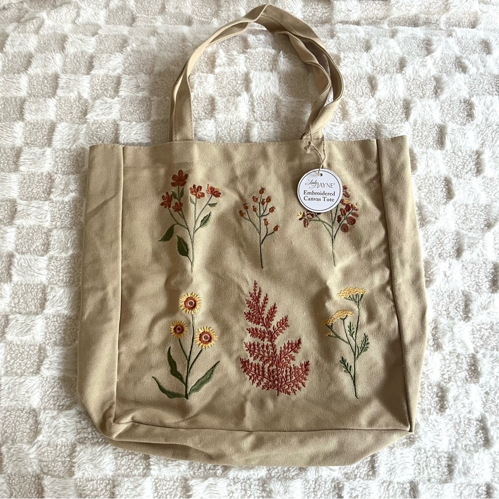 Floral Wildflower Embroidered Tote Grocery Books